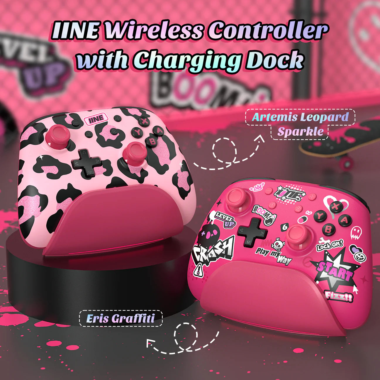 IINE Artemis Leopard Sparkle Wireless Nintendo Controller with Charging Dock