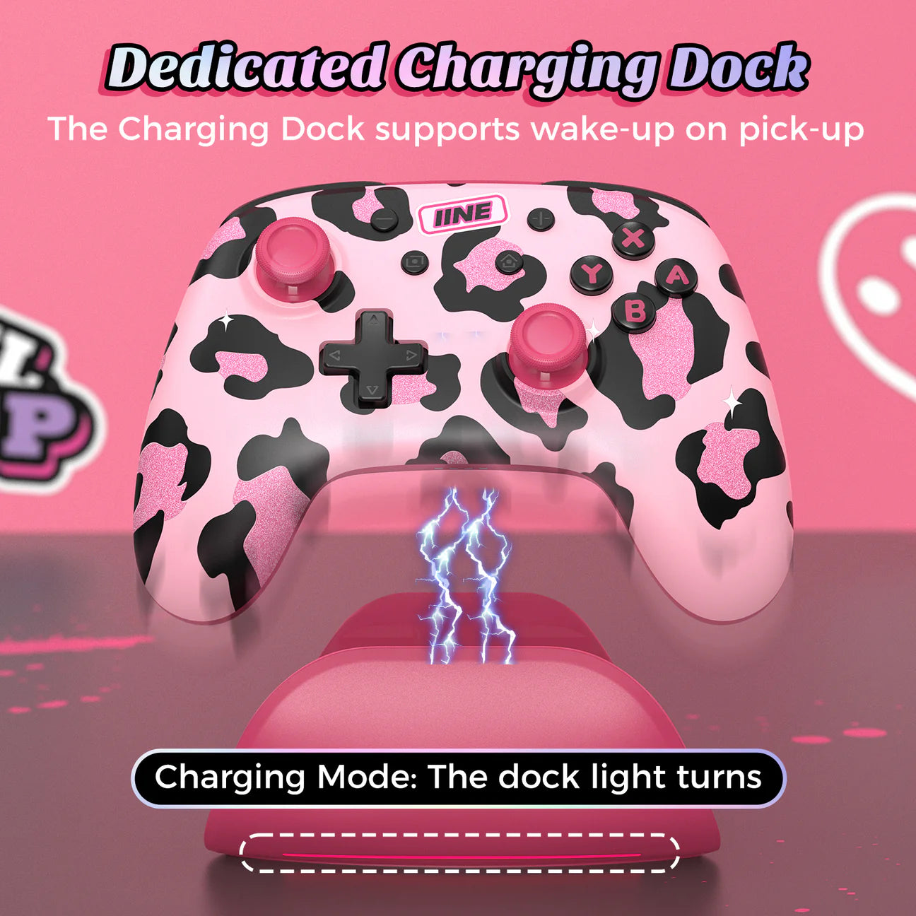 IINE Artemis Leopard Sparkle Wireless Nintendo Controller with Charging Dock