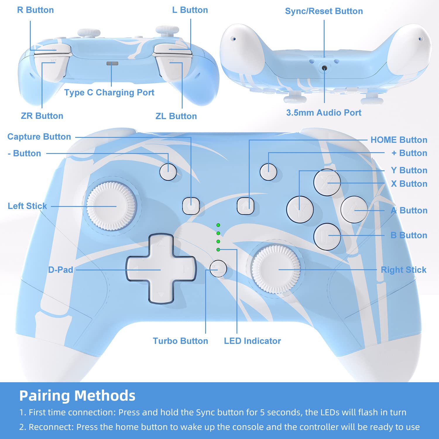 Mytrix Blue Bamboo Wireless Nintendo Switch Pro Controller