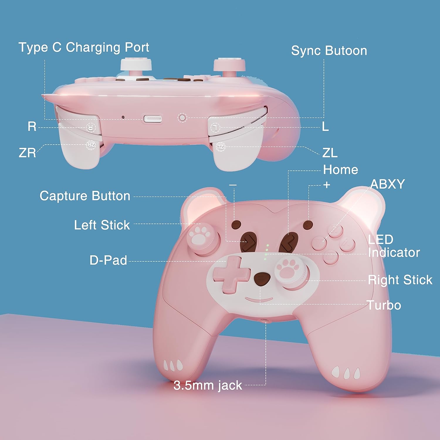 Mytrix Berry the Pink Bear Wireless Nintendo Switch Pro Controller