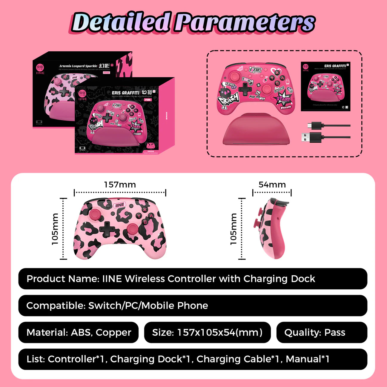 IINE Artemis Leopard Sparkle Wireless Nintendo Controller mit Charging Dock