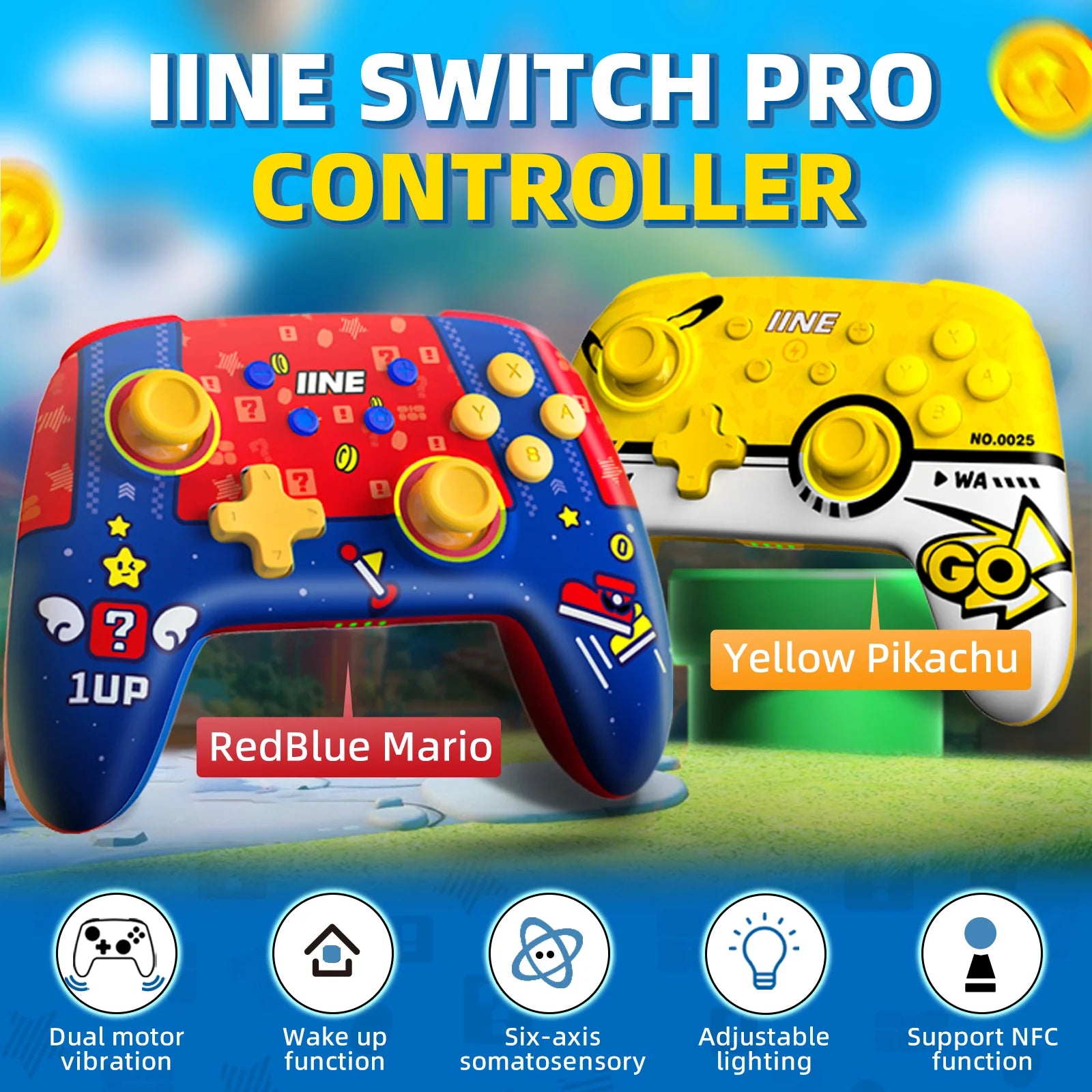 IINE Wireless Pro Controller for Nintendo Switch Mario Red-Blue